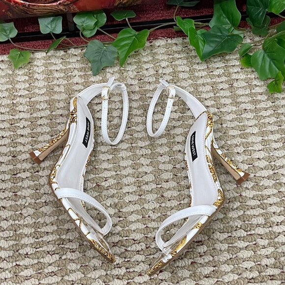 NINE WEST Yess Square Toe Tapered Heel Dress Sandals in White Chain Multi Size 6 - Picture 7 of 11